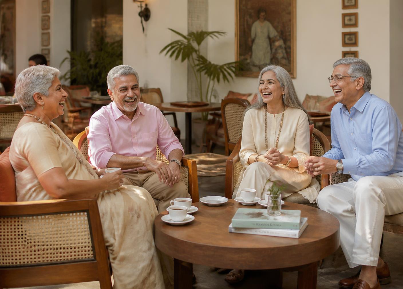 Members laughing together over coffee in the PRIME TRIBE club lounge