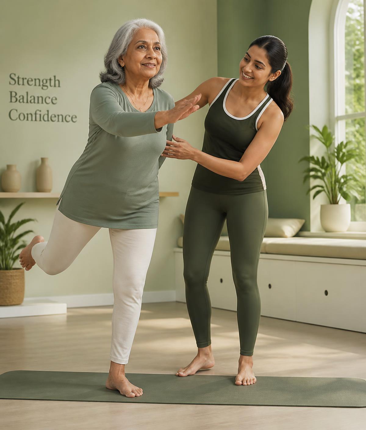 A coach supporting an older woman through a balance exercise